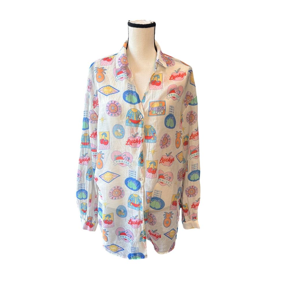 Never Fully Dressed Women's Size 8 Ivory Fruit Print Oversized Shirt Preppy